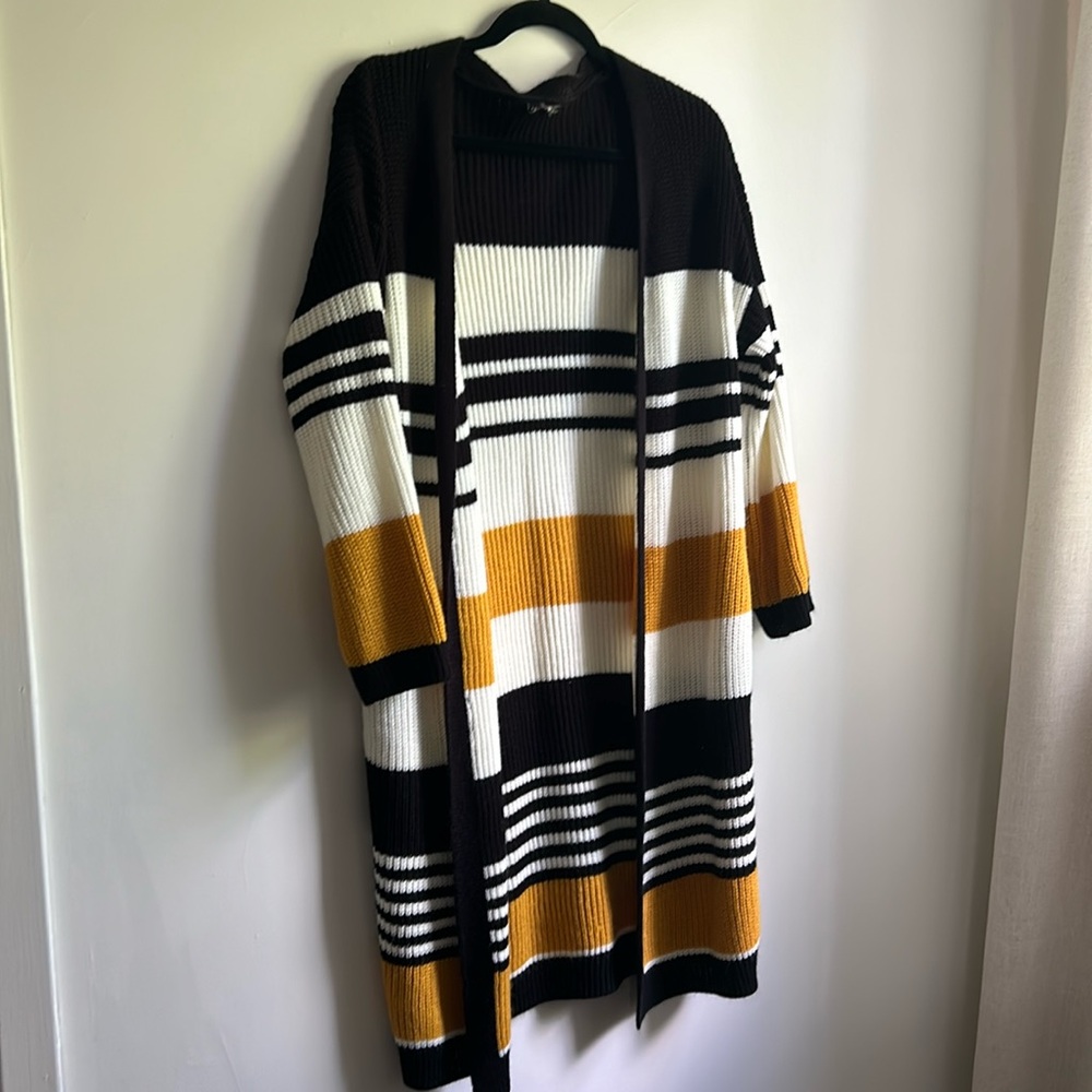 Mustard, black and white stripe cardigan mid length duster.